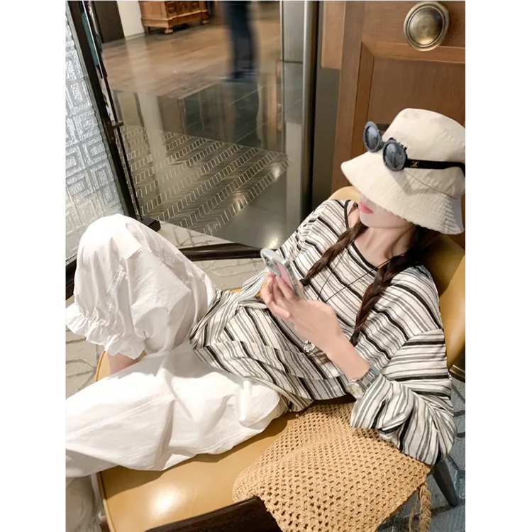 韩系穿搭黑色条纹薄款长袖防晒罩衫女夏宽松慵懒风t恤上衣