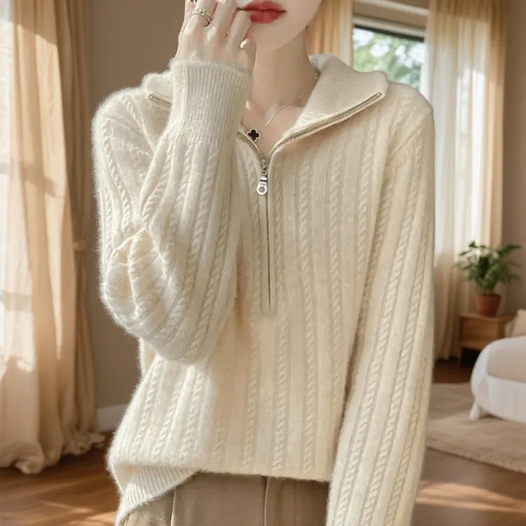 半拉链纯100羊绒衫针织衫女秋冬毛衣立领加厚款时尚气质时尚减龄