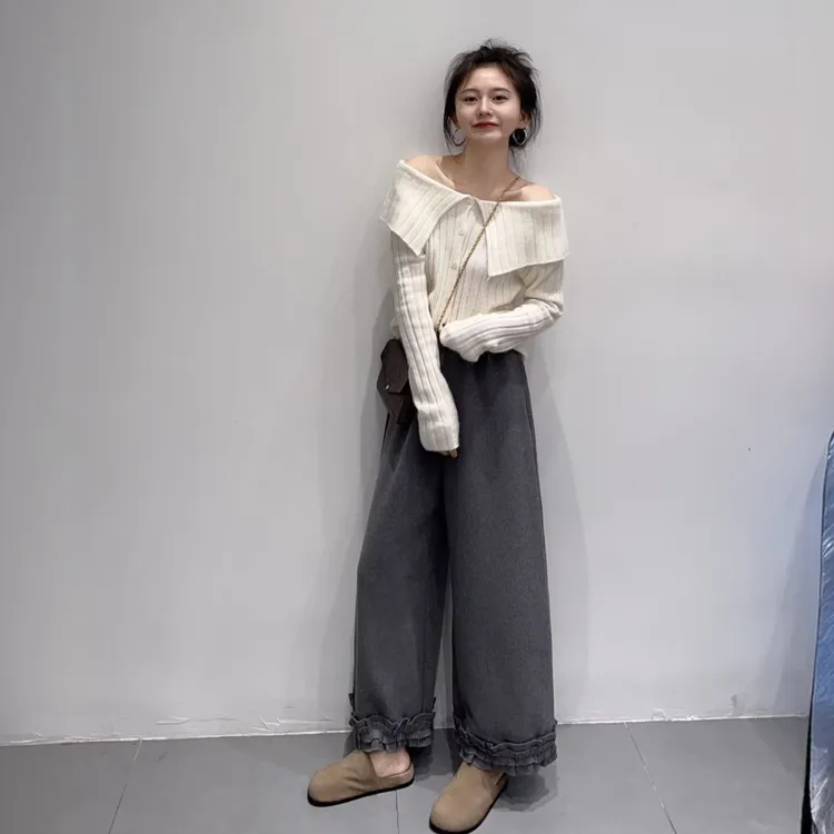 秋冬新款时尚甜美简约一字肩针织衫上衣搭配高腰阔腿裤长裤套装