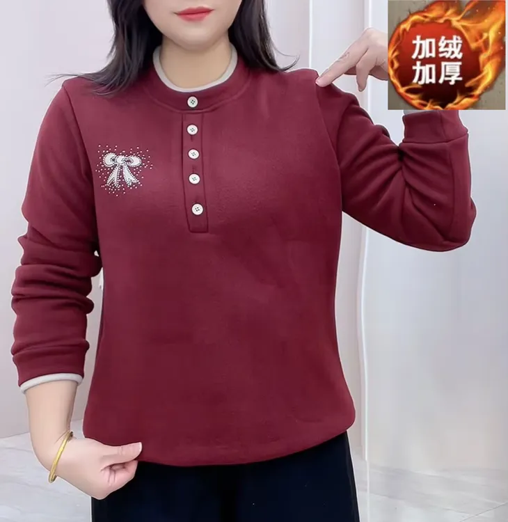 【加绒加厚】新款时尚洋气百搭休闲女士保暖打底长袖上衣蝴蝶结钻款