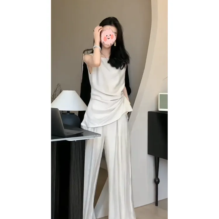 气质名媛风收腰束结无袖T恤阔腿裤2025夏季新款简约高级感套装女