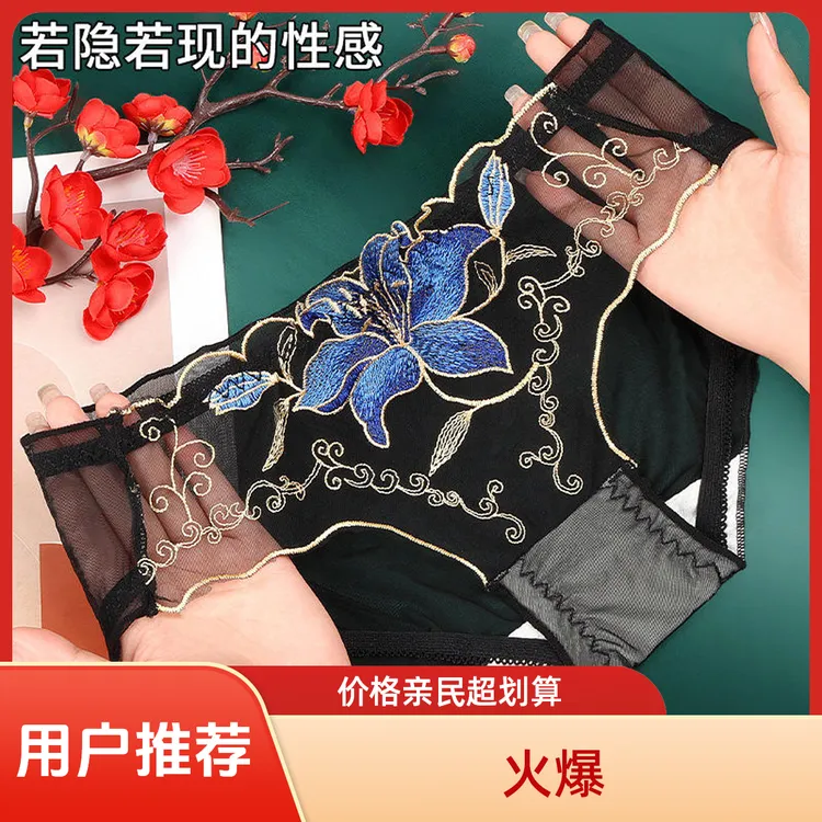 颜蓓薇一件代发颜蓓薇女式三角内裤时尚刺绣透明网纱中腰个性短裤