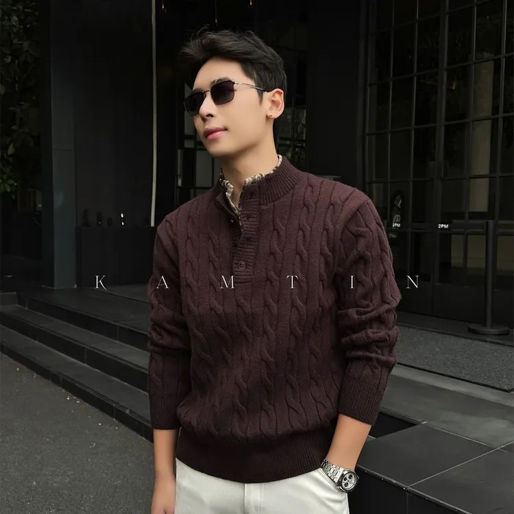 国潮新款老钱风编织假两件冬季重磅套头亨利领毛衣慵懒感针织衫