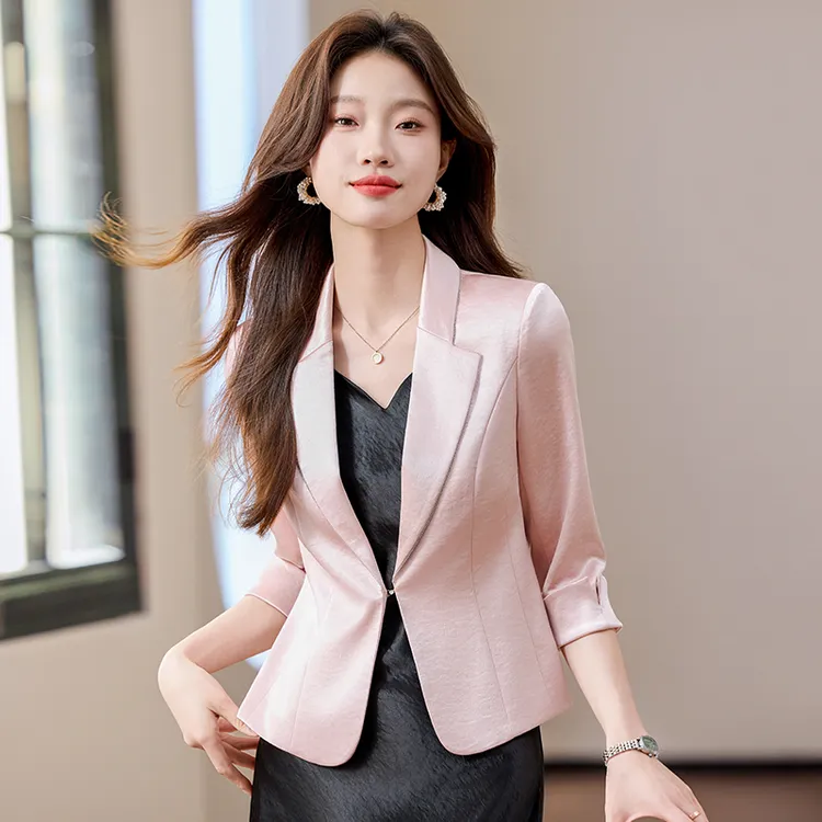 粉色七分袖醋酸西装外套女夏季2025新款薄款小个子职业西服套装夏