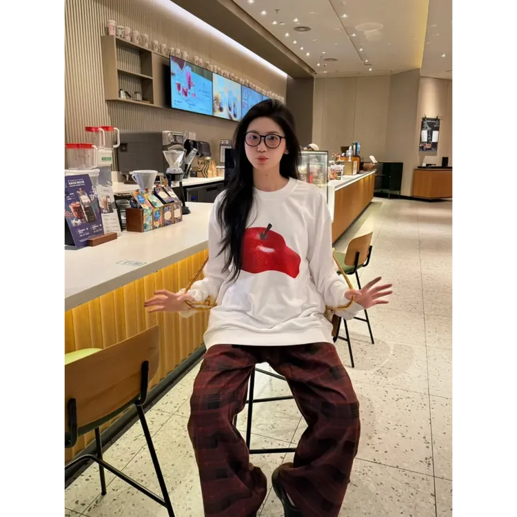 YWBY韩系少女学院风早秋新款纯棉圆领长袖t恤女宽松遮肉显瘦上衣