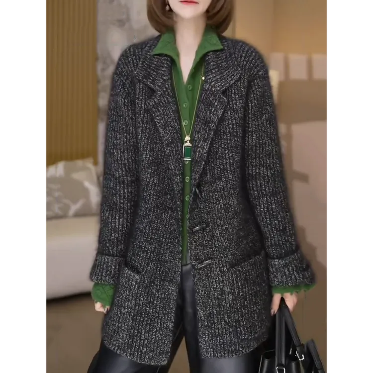 高级感时尚韩版针织外套女2025秋冬新款加厚宽松显瘦百搭毛衣外套