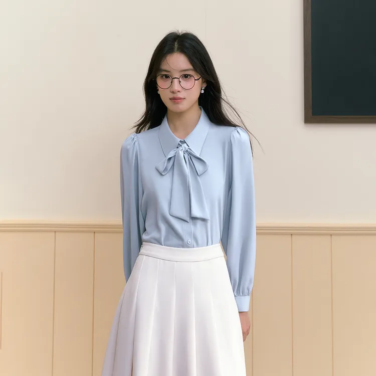 MissBurde雪纺衬衫蓝色长袖衬衣显瘦女小个子法式正式上衣套装女