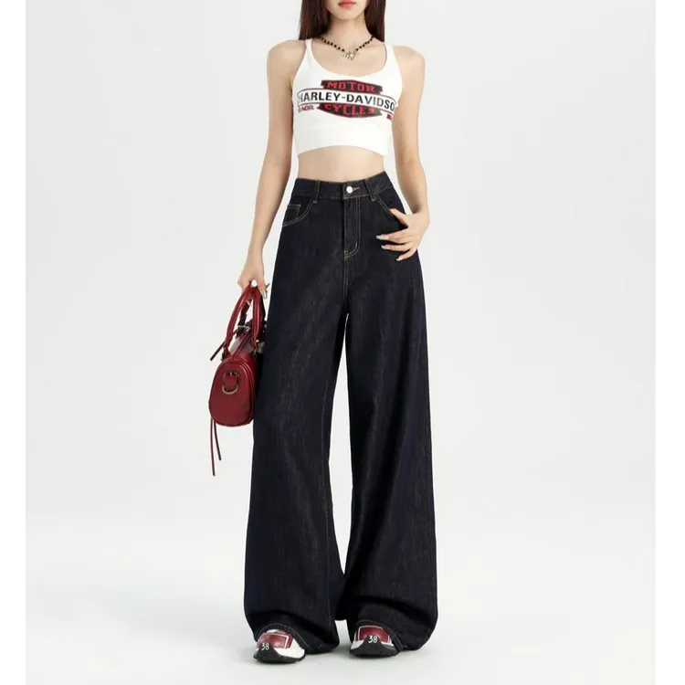 早秋爆款防褪色丹宁牛仔美式复古高腰宽松百搭显瘦阔腿拖地裤子女