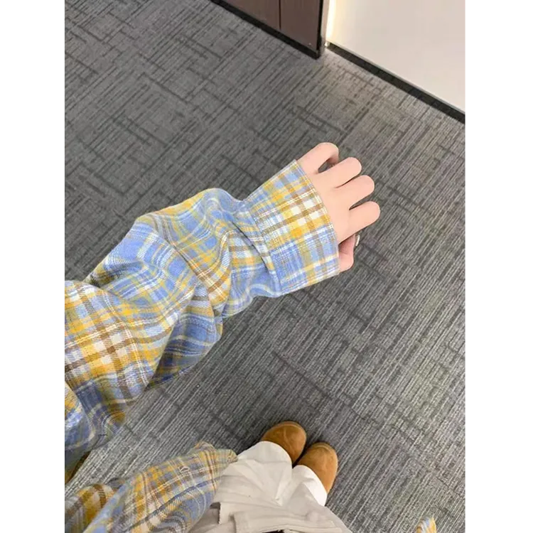 浅蓝格子衬衫女长袖高级感衬衣秋季新款慵懒外套韩版宽松外穿百搭