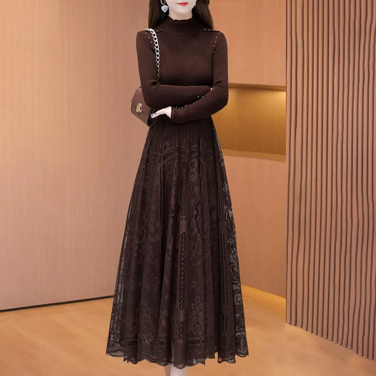 【莫瑞】长袖连衣裙女2025新款秋冬气质高端妈妈针织蕾丝假两件裙子