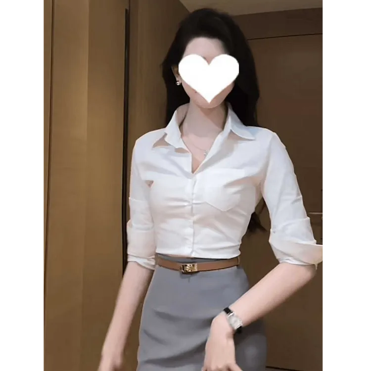 2025春夏新款高级感薄款Polo领长袖衬衫上衣修身收腰气质衬衣女装