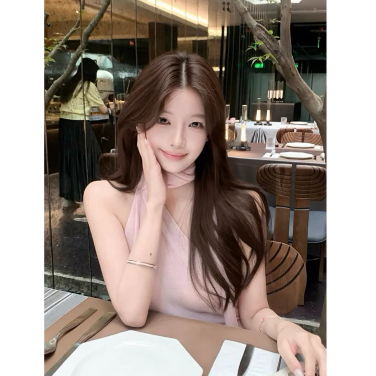 韩系甜美少女时尚气质高级感不规则无袖收腰上衣配显瘦半身裙套装