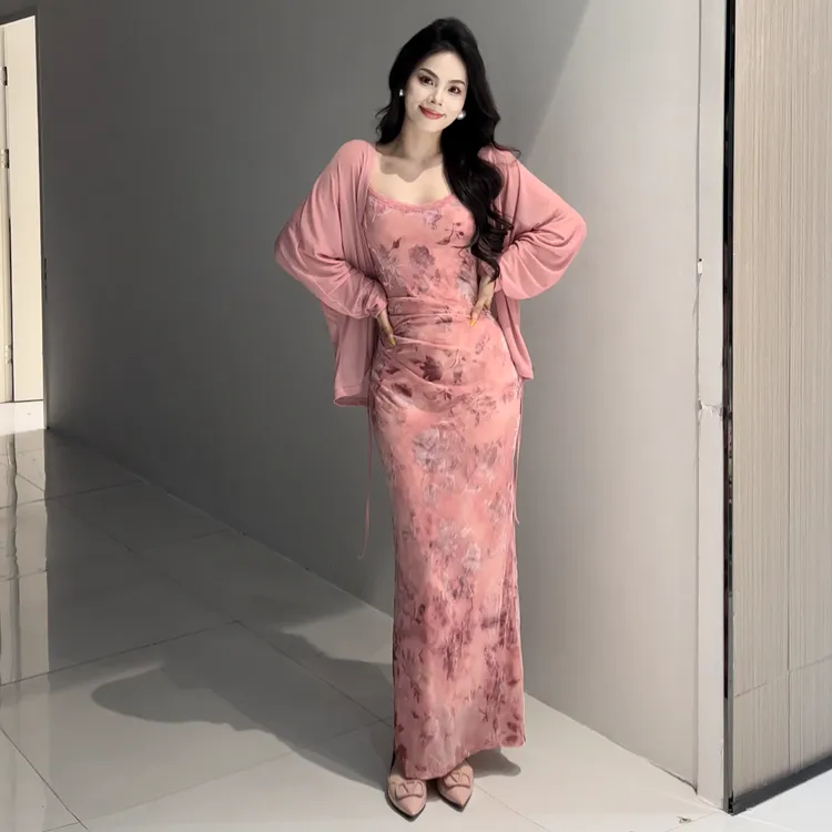 时尚套装长袖复古套装显瘦裙子开叉时尚连衣裙