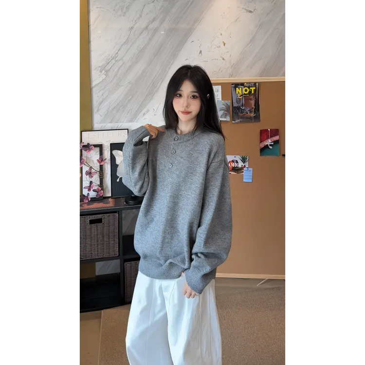 美式纯色亨利领毛衣男秋季新款潮牌高级感针织衫休闲宽松情侣外套