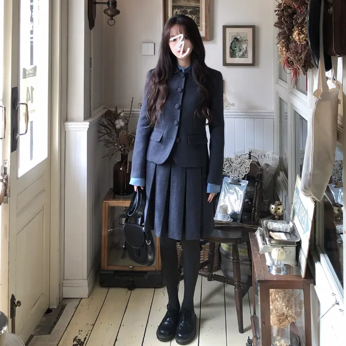 韩系复古学院风西装两件套女秋冬季新款小香风西服外套气质套装裙