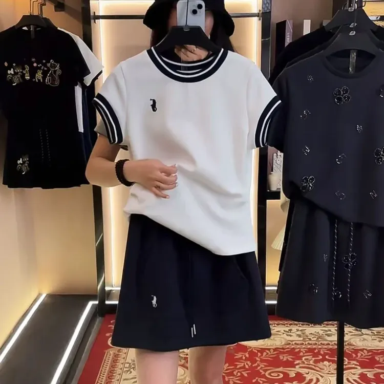 夏季新款小马刺绣短袖套装裙两件套连衣裙裤