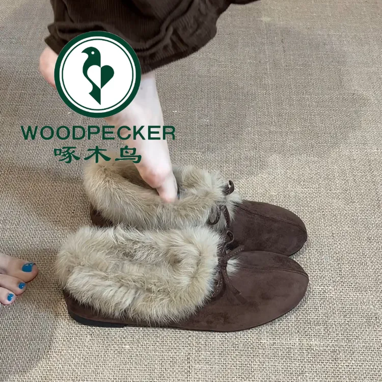 啄木鸟蝴蝶结绒面浅口单鞋女2026春冬新款平跟一脚蹬懒人毛毛棉鞋