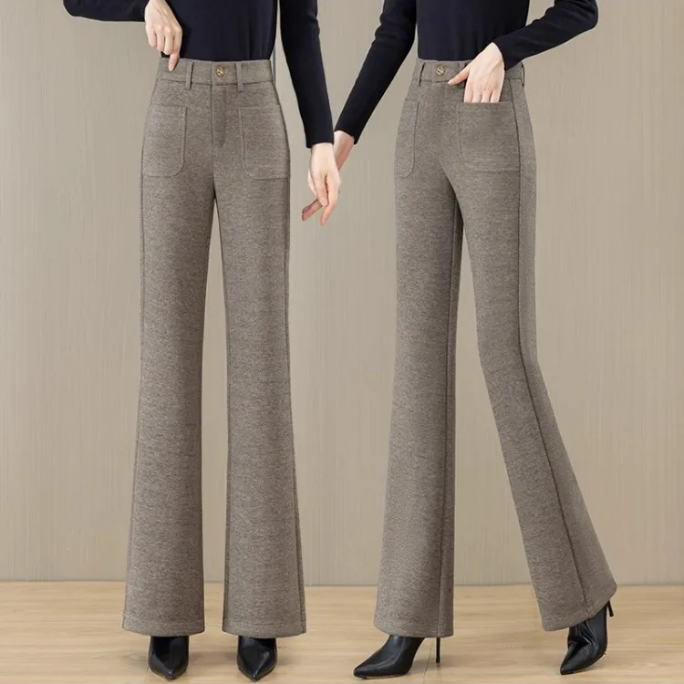 羊毛呢微喇裤女2025秋冬季新款高腰加绒加厚毛呢休闲阔腿喇叭裤子