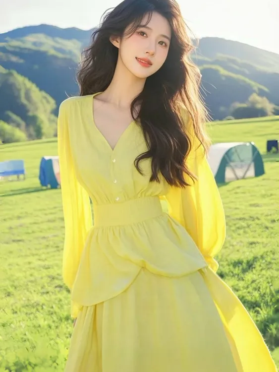2025超火韩系千金感穿搭多巴胺绝美法式度假黄色衬衫连衣裙子套装