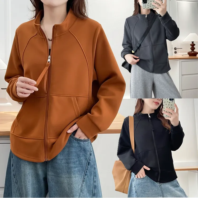 大码女装秋冬新款立领长袖开衫短外套显瘦韩版纯色休闲卫衣8235