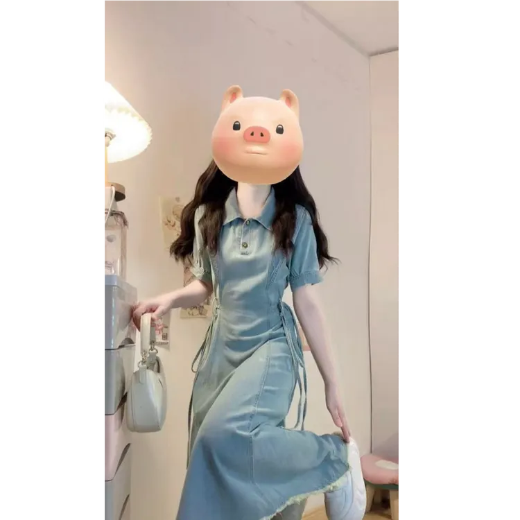 2025大码女装绑带设计感牛仔连衣裙短袖夏季新款收腰显瘦长裙1588