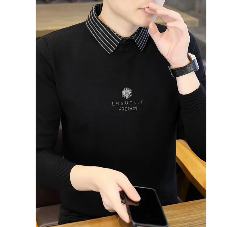 奇珀菲仑假两件毛衣男士加厚保暖线衣潮牌宽松休闲衬衫领针织衫