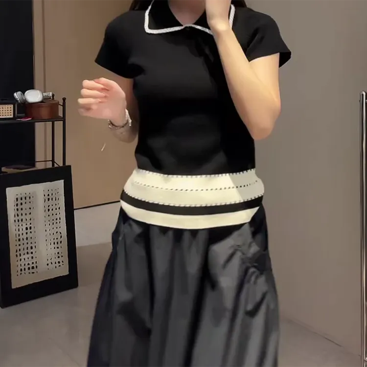 夏日撞色清凉感透气针织千金休闲风修身上衣短袖C5225