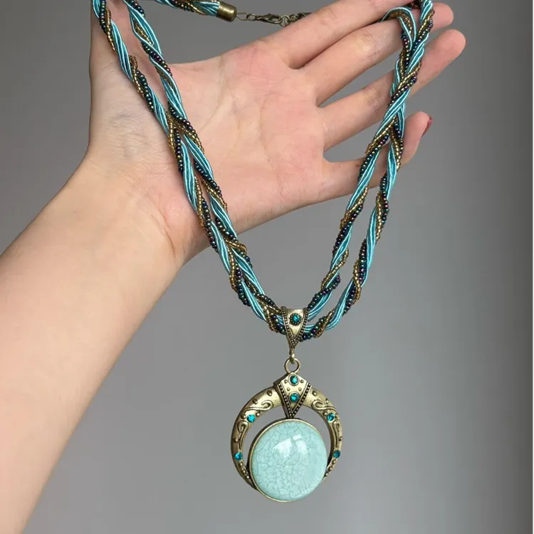 合金项链 波西米亚中古蓝色麻花米珠项链小众民族风古铜镜锁骨链