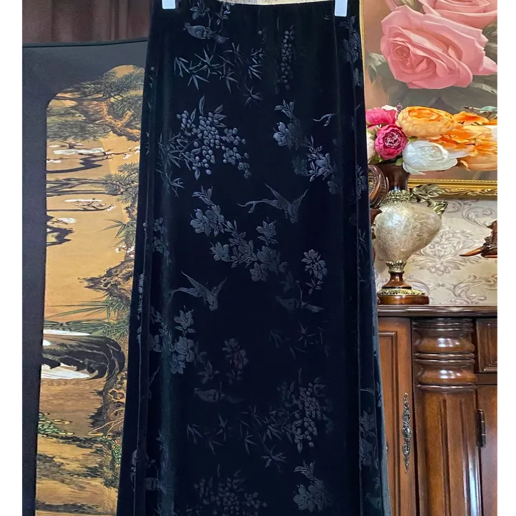 美爱《花香鸟语》休闲百搭黑色气质丝绒秋冬长款半身裙松紧腰头Q434