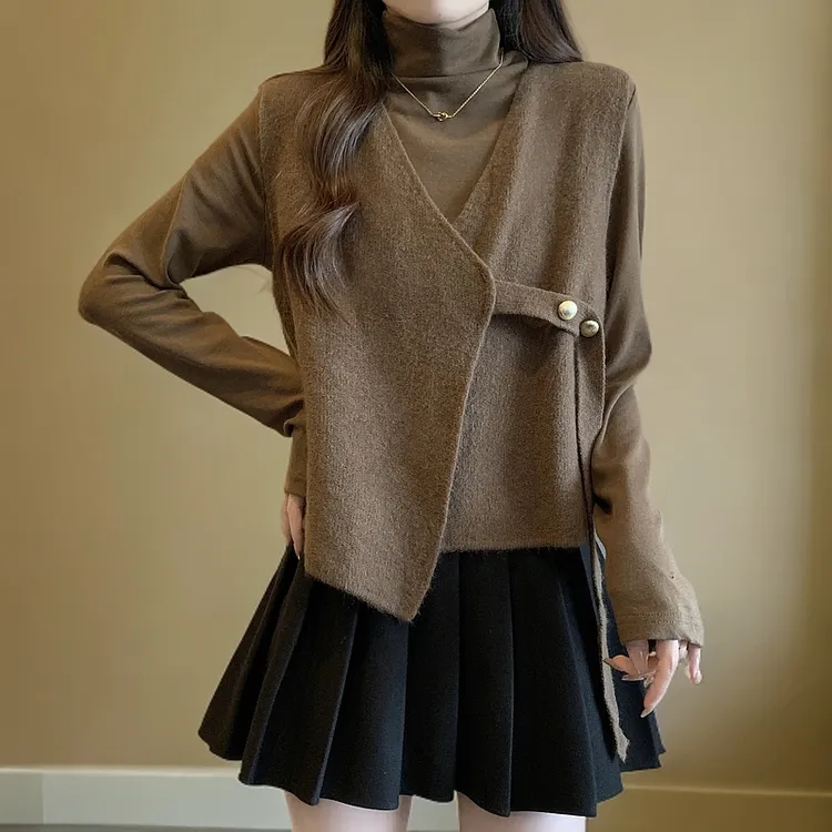 美拉德套装女春秋大码胖妹妹显瘦半高领打底衫上衣针织马甲两件套