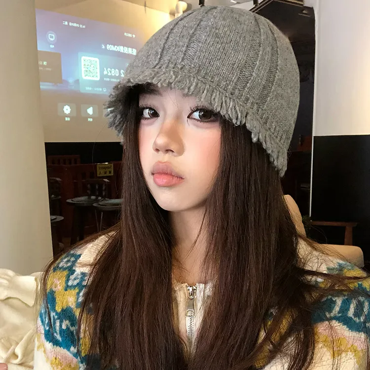 韩系做旧毛线针织帽子女款秋冬季日式简约保暖防风冷帽加厚包头帽