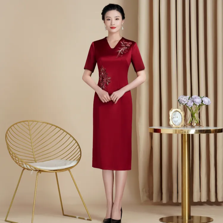 5233高档妈妈婚宴礼服洋气春秋季醋酸连衣裙年轻喜婆婆平时可穿