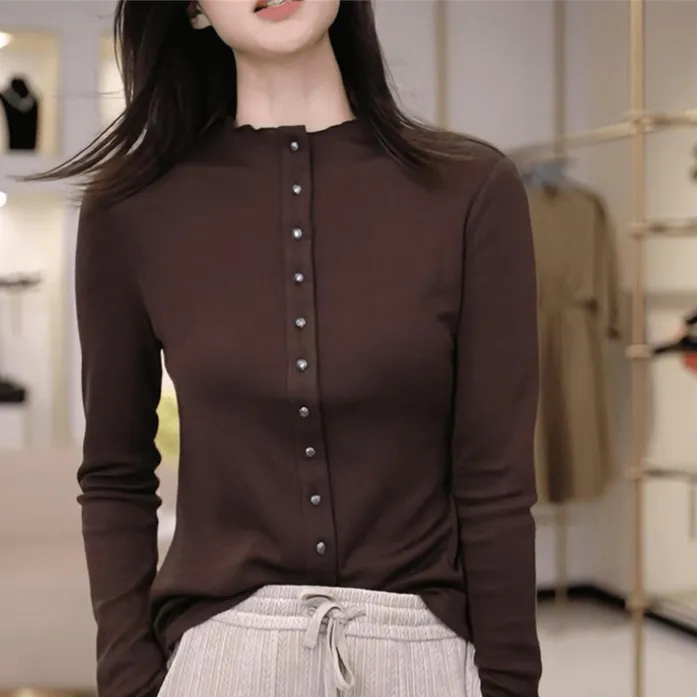 哥弟阿玛施正2025年春秋季新款立领休闲羊毛长袖衬衫女装百搭小衫