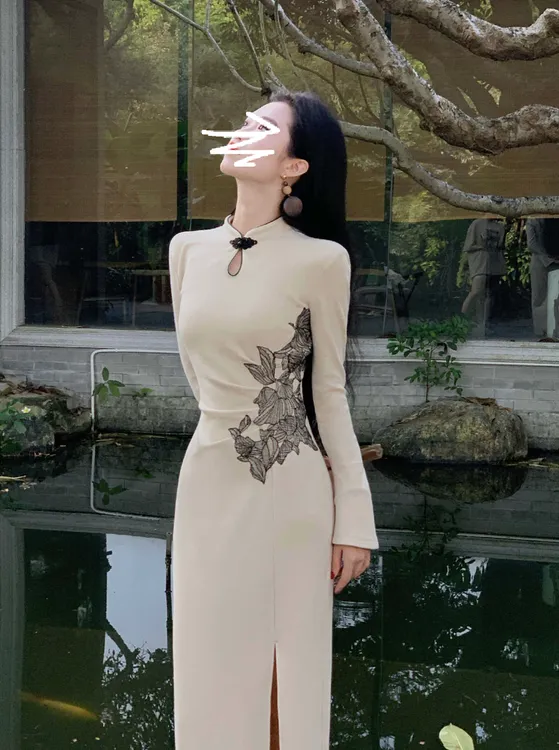 秋枫叙新中式针织连衣裙女秋冬加厚斗篷披肩打底长袖旗袍3491#