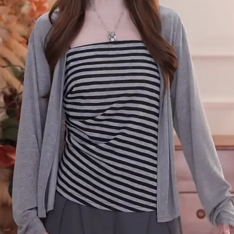 灰色条纹修身吊带开衫套装新款轻薄防晒两件套C5772