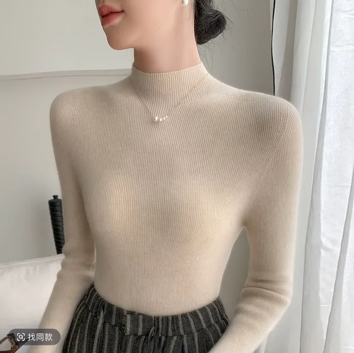 全额运补【100羊毛】秋冬纯色打底衫半高领抽条针织毛衣女432