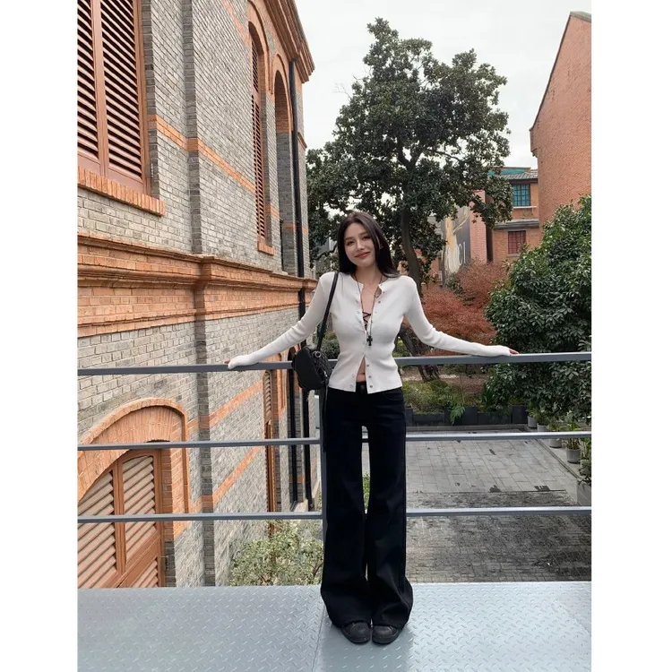 韩系气质设计感长袖针织开衫小众别致修身显瘦上衣女高腰休闲长裤