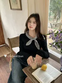 2052秋季新款甜美减龄休闲格子领结长袖小衫女针织复古气质时尚