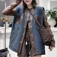 D6090新款PUI拼牛仔马甲女宽松无袖坎肩百搭休闲马夹上衣