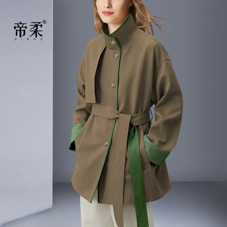 复古松弛感立领风衣女2025秋季新款格纹拼接单排扣通勤小个子风衣