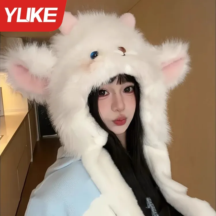 可爱网红加绒加厚保暖毛绒帽子女秋冬季防风护耳骑行出游套头帽