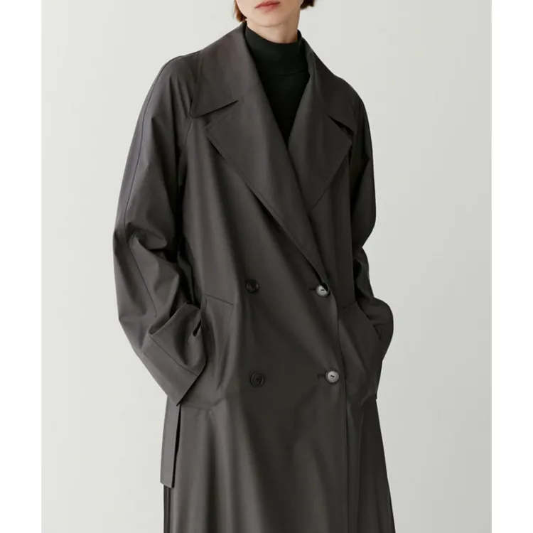 小禾女装风衣外套女2025秋季款薄丝毛精纺色织压褶风衣长款高级感