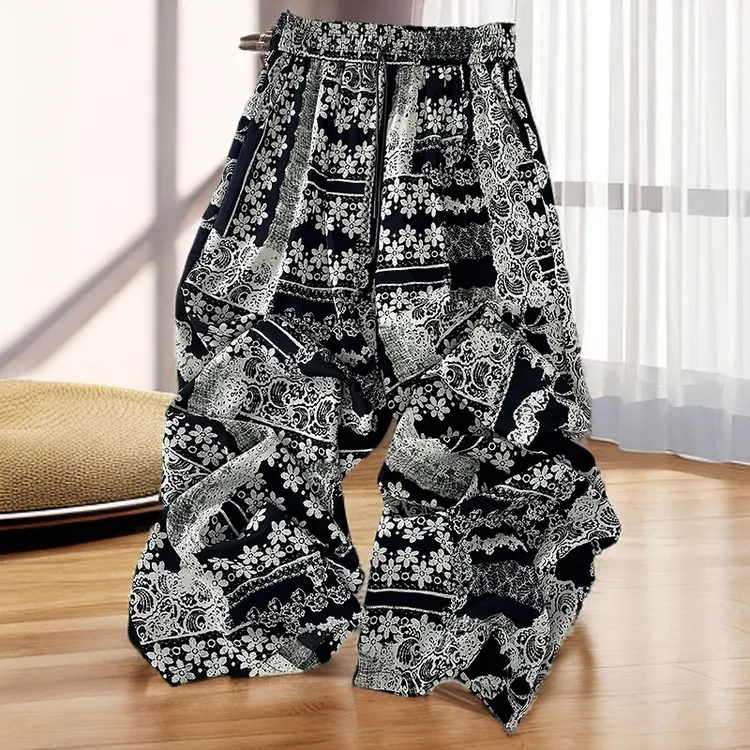 爆款腰果花阔腿裤女2025夏季新款慵懒风宽松休闲冰丝印花直筒裤薄