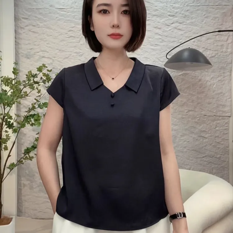 2025夏季新款V领纯色休闲百搭显瘦气质设计感薄款舒适短袖女上衣