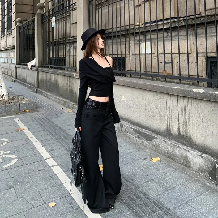 2026春季新款性感辣妹亮片挂脖假两件长袖上衣阔腿裤御姐穿搭套装