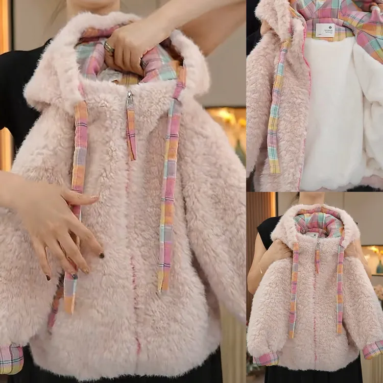 女童加厚外套秋冬连帽毛毛衣新款女孩中大童韩版加绒冬装棉衣棉服