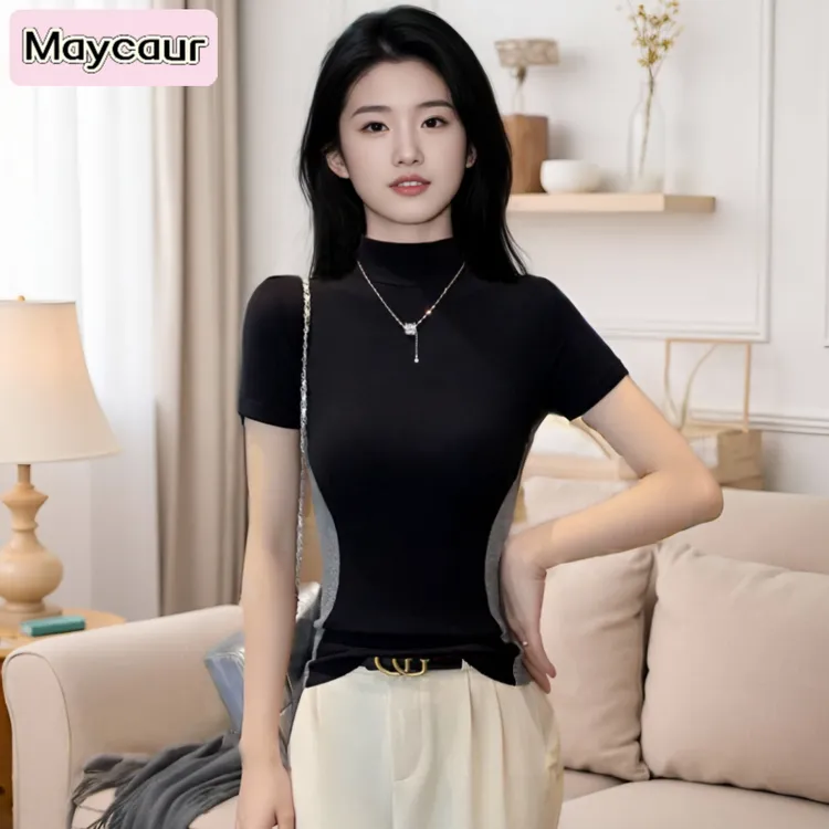 Maycaur黑色螺纹半高领拼色短袖T恤女春夏修身显瘦内搭打底衫上衣