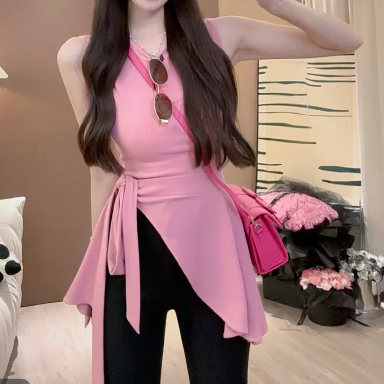 设计感收腰无袖背心+显瘦短袖女2025新款春夏小众通勤显瘦上衣