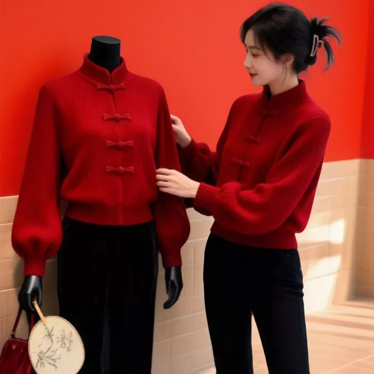 中国风新中式红色立领盘扣毛衣秋冬季新款穿搭灯笼袖宽松针织衫女