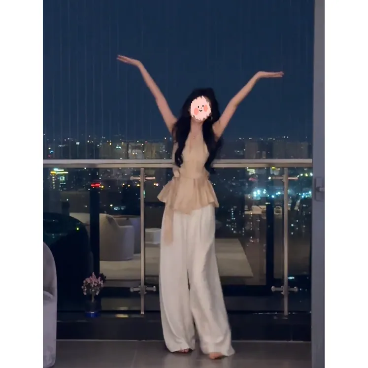 2025夏季新款极简老钱风气质收腰无袖上衣休闲阔腿长裤两件套女装